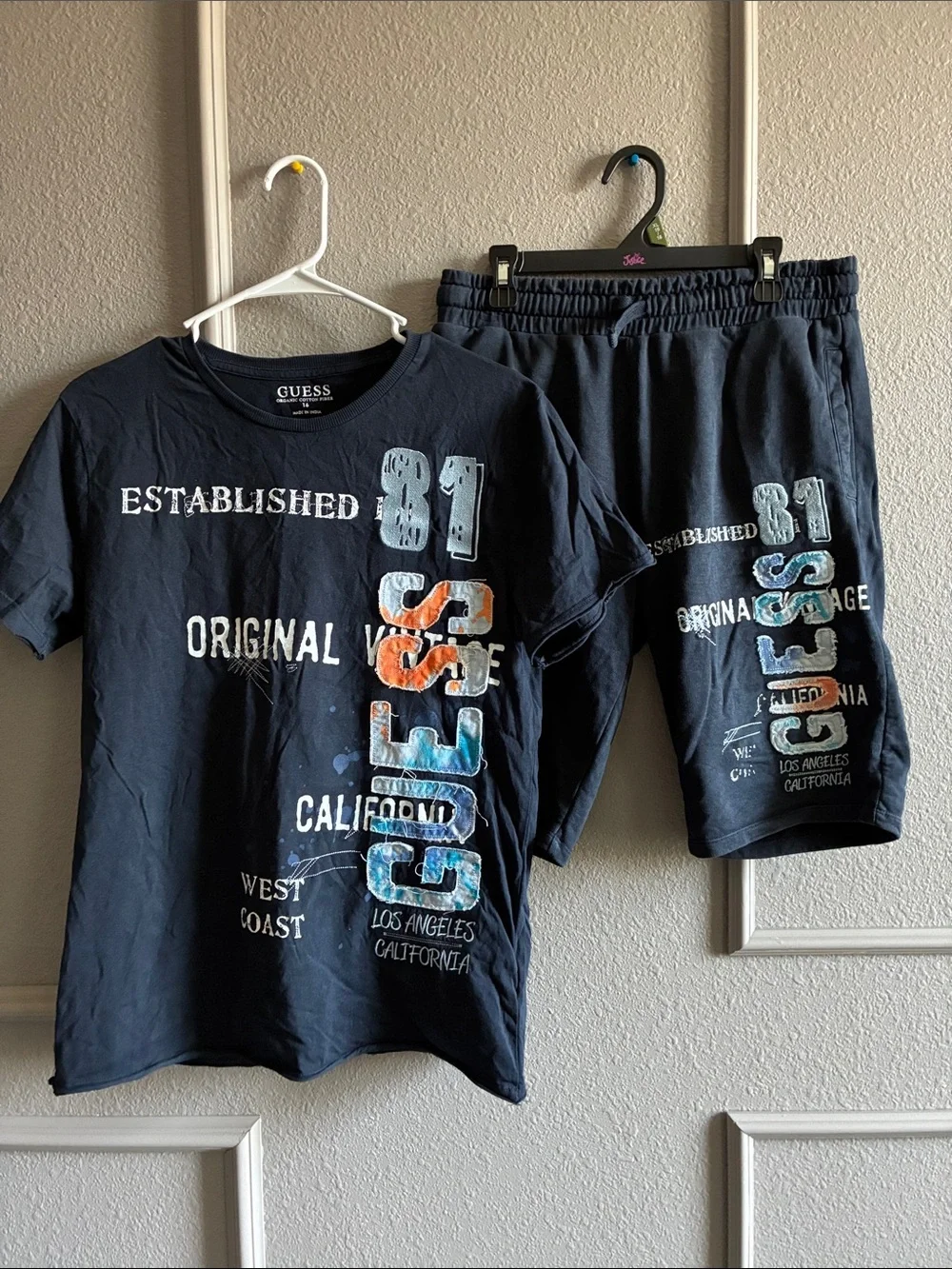GUESS Navy Blue Graphic Short Sleeve Set with Multicolor Logo